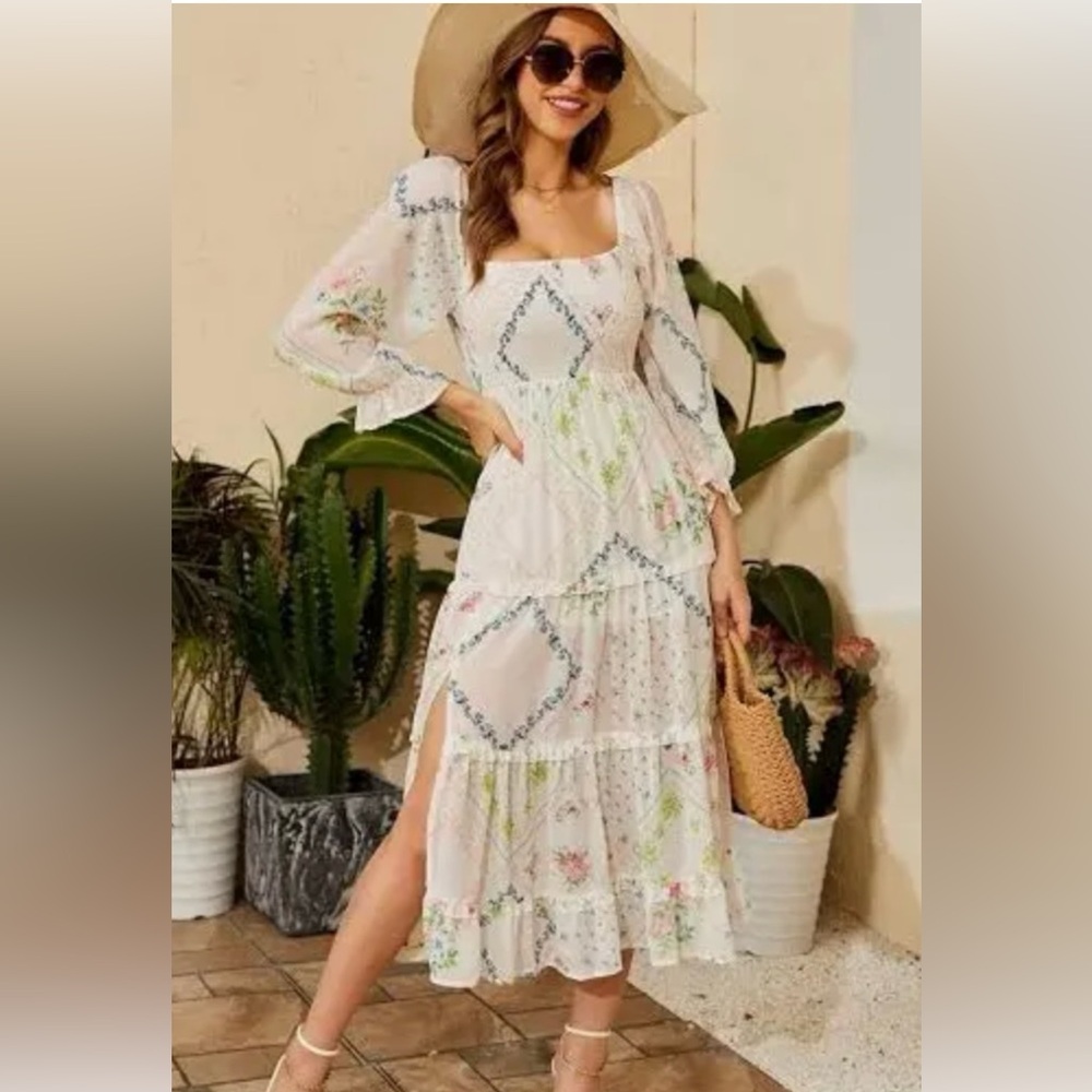 R.Ylposha Summer
Bohemian Dress Puff
Sleeve Ruffled Floral
Print Casual